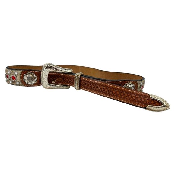3-D western belt 28 calf hair gems crystals DDD silver hardware red leather - Picture 5 of 13